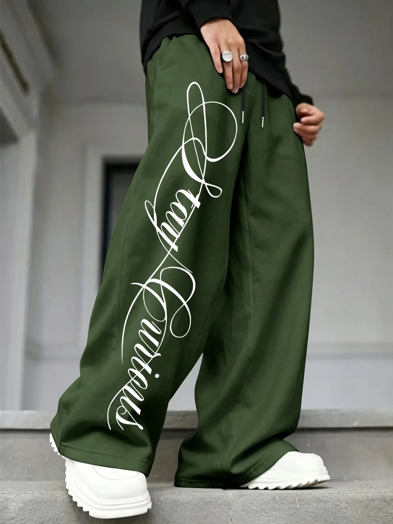 Men's Wide Leg Sweatpants, Casual Loose-Fit Trousers with Letter Print, Fall & Winter High Street Sportswear, Drawstring Long Pants