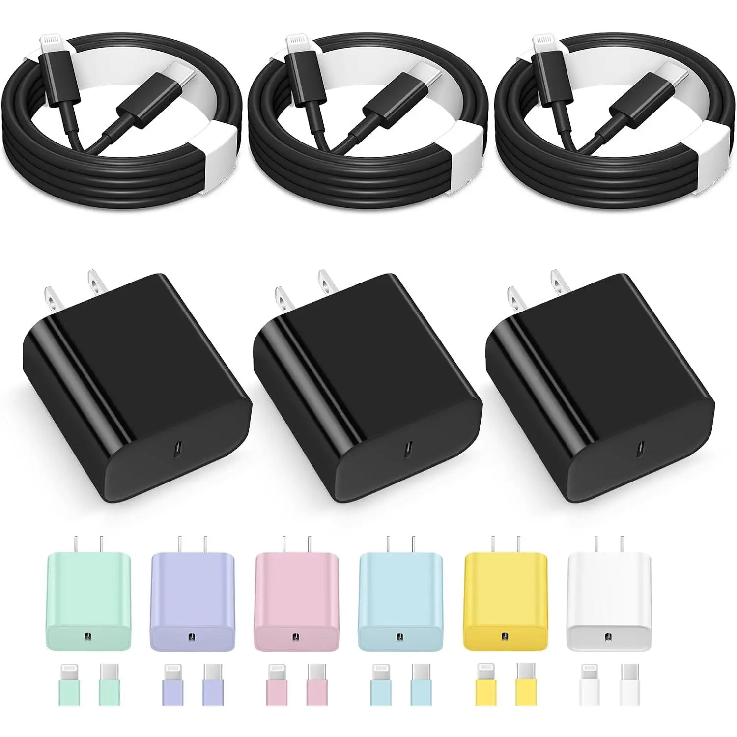 3-Pack USB-C Smartphone Charger with 6FT Cable, Plug, Automatic Port - Compatible with iPhone 14/14 Pro Max/13/12/11 & iPad (Black, Cellphone Accessory), Electronic