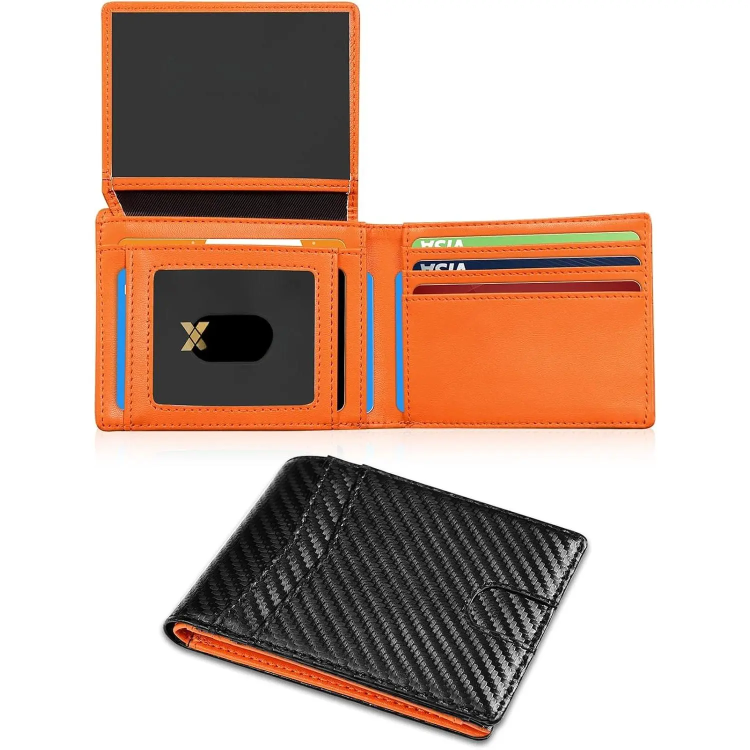 Men's Ultra Thin Wallet Leather RFID Blocking Bifold Stylish Wallet with Slim Minimalist Front Pocket 2 ID Windows (Carbon Black&Orange)
