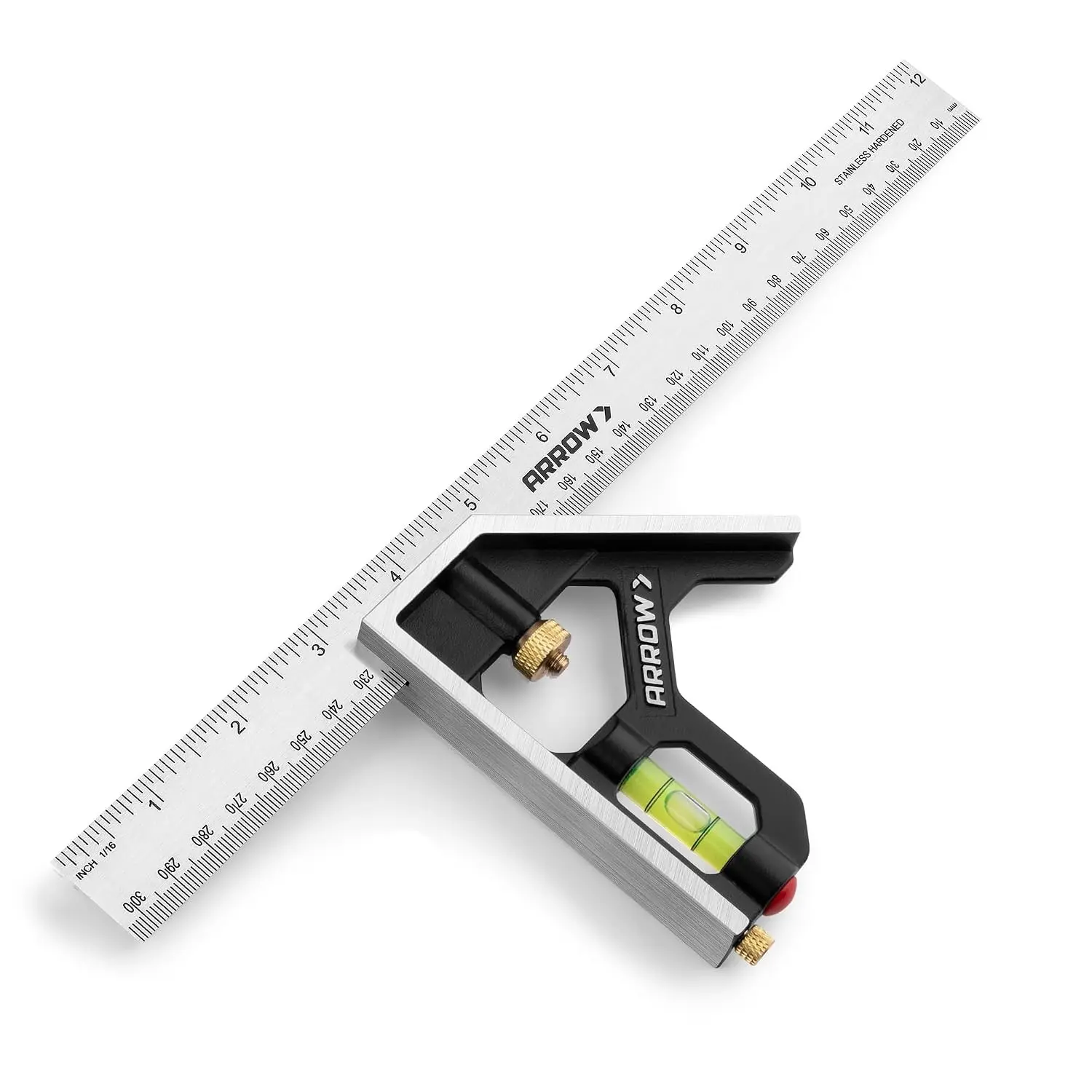 Combination Square, 12-Inch Combo Square with Stainless Steel Ruler, Zinc Alloy Body and Bubble Level for Carpenters and Craftsmen