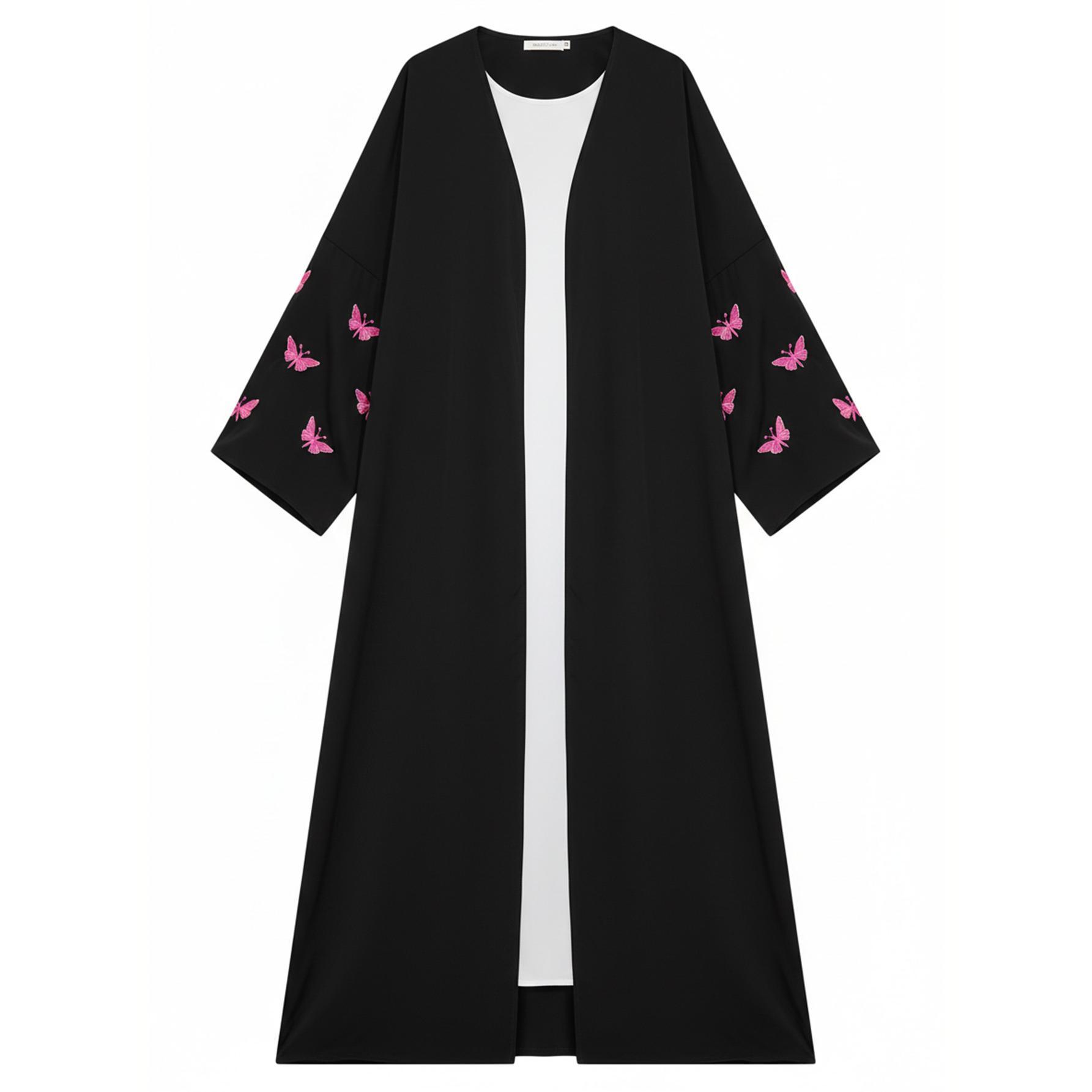 Butterfly Embroidered Open Abaya Chic Kimono Cardigan | One Size Fits Most | Modest Black Casual Robe for Travel, Prayer & Daily Style