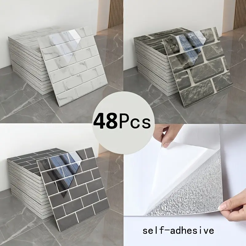 48pcs Self-Adhesive PVC Bathroom Peel and Stick Wallpaper Tiles, Marble & Stone Texture, 11.8x11.8 Inches, Easy Installation, Durable Material, Free Cutting