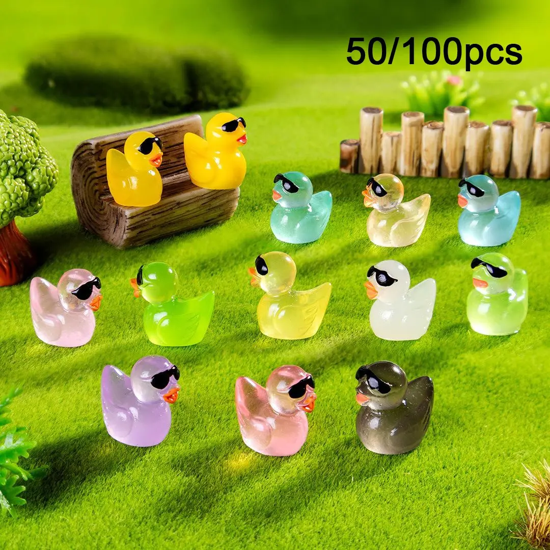 50/100pcs Miniature Glowing Duck With Sunglasses Resin ducks Micro Landscape Garden Decor Desktop Display Car Decoration DIY Craft Accessory For Cross Border