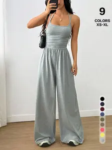 Halter Open Back Jumpsuit, Ruched Waist Sling Top & Wide Leg Pants, Soft Breathable Summer Material, Casual with Side Pockets，wear