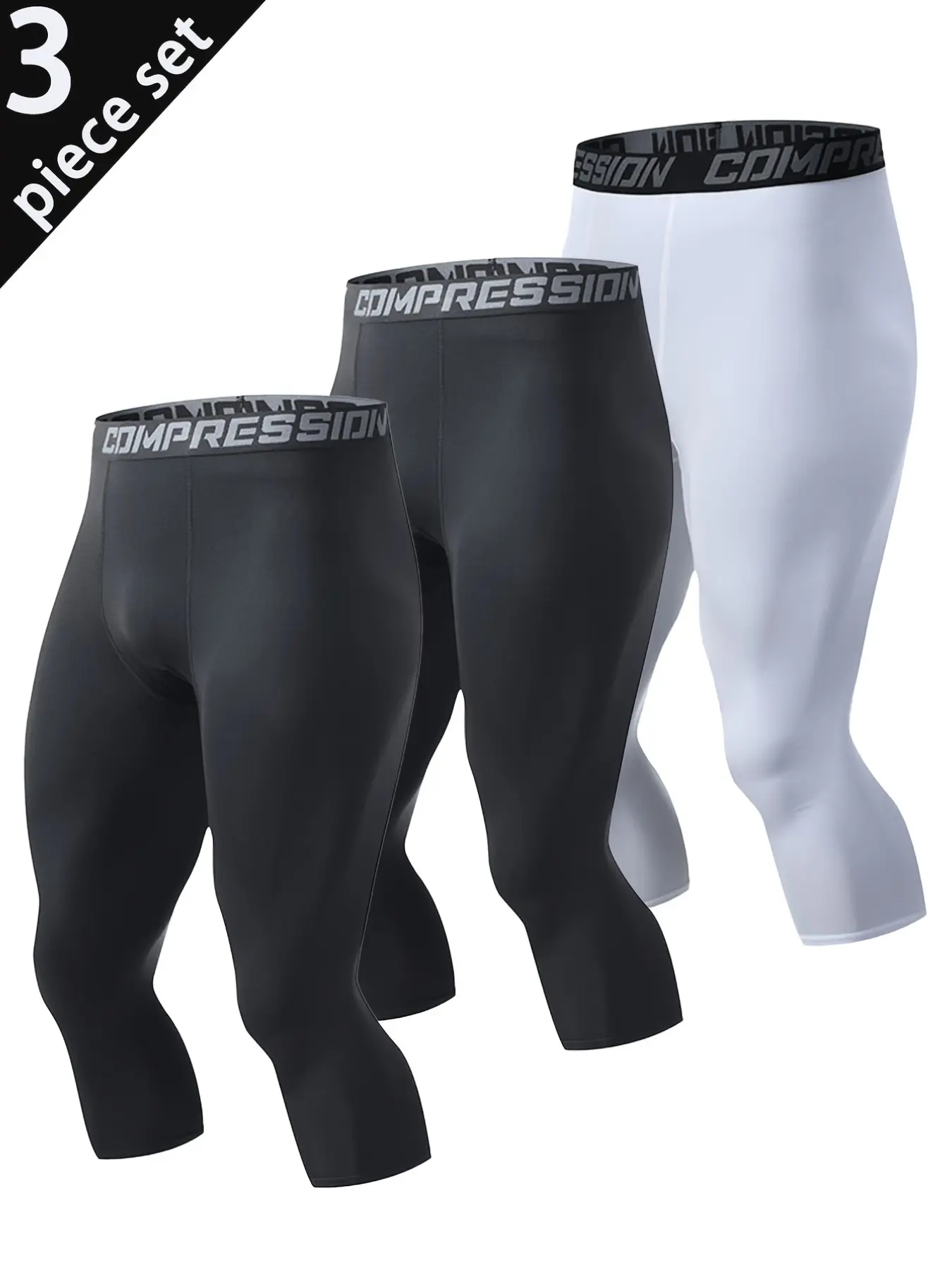 3-Pack Men's Plain Sporty Seven-Quarter Shorts, Gym Pants, Basketball Running Training Bottoms, Competitive Sports Pants, Compression Shorts