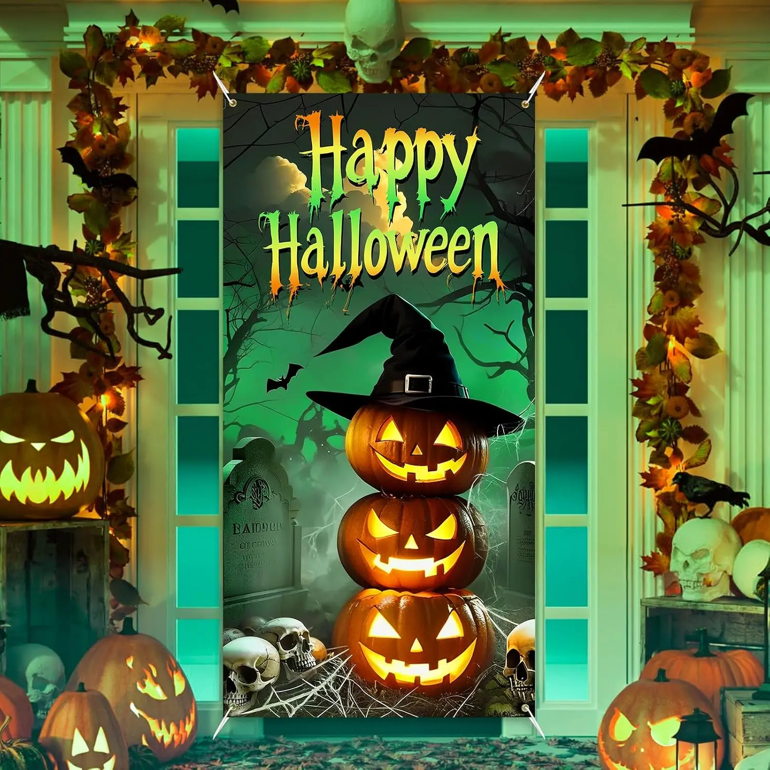 Halloween Door Cover Decorations Scary Pumpkin Door Banner for Halloween Eve Background Party Outdoor Wall Indoor Window Wall Decoration - 36x71 Inch (Green)