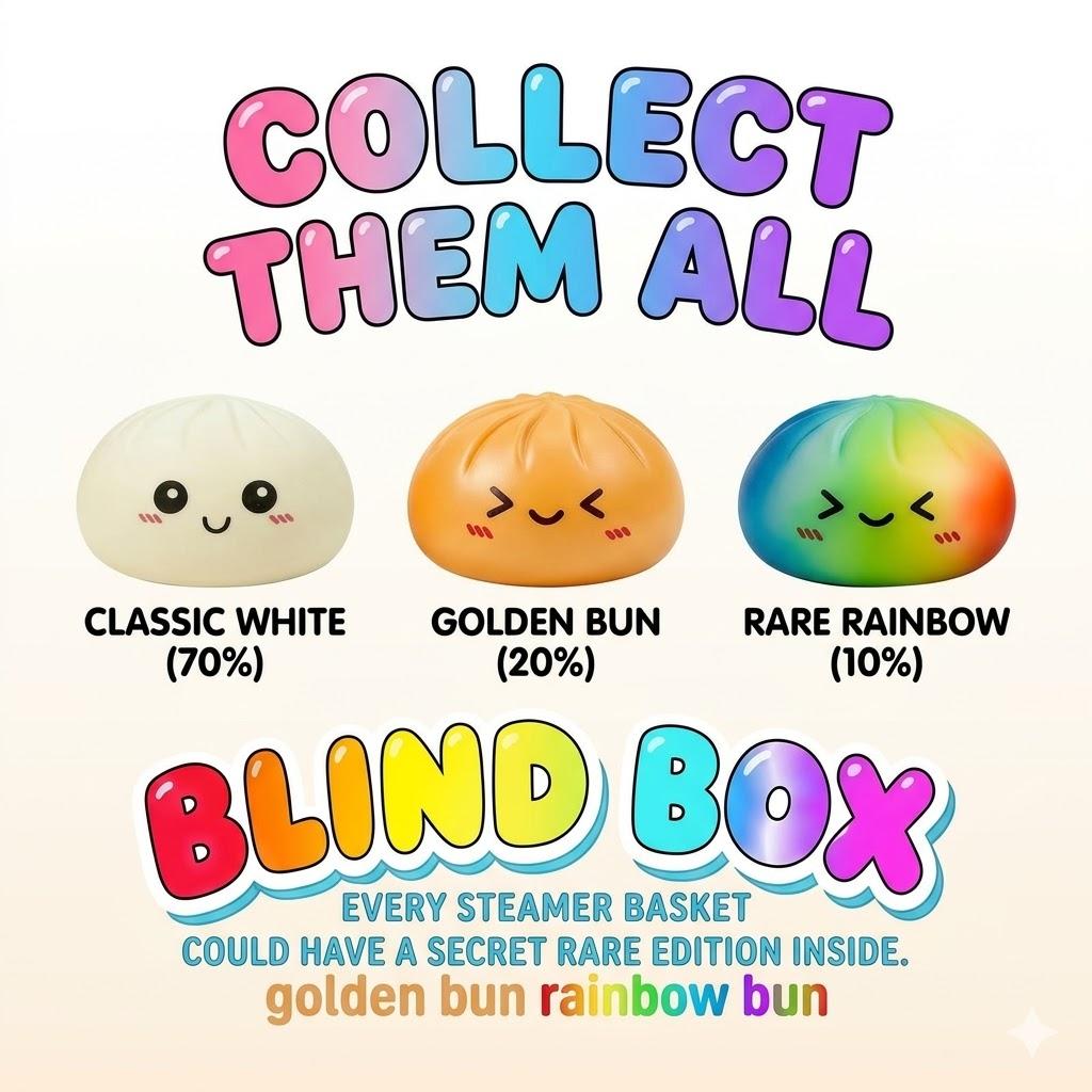 Surprise Blind Box Dumpling Squishy - Mysecret Bun Fidget Toy with Steamer, Collectible Kawaii Dough Ball (70% White, 20% Golden, 10% Rare Rainbow), Sensory Stress Relief Toy for Kids & Adults