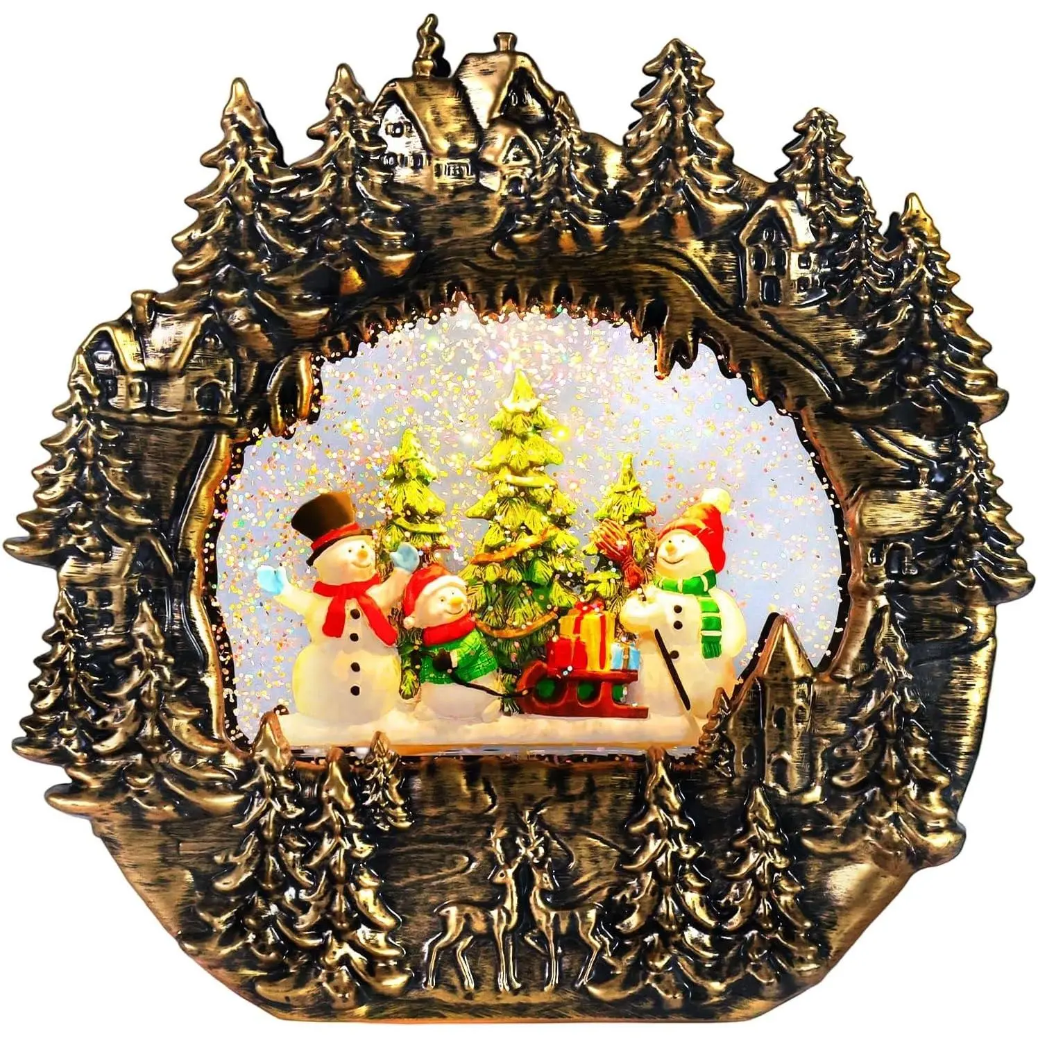 Christmas Snow Globe Lantern Water Glittering Lantern with Snowman 8 Music Songs & 6H Timer Christmas Snow Globes USB & Battery Operated for Christmas Festival Decorations Gifts (Bridge-Snowman)