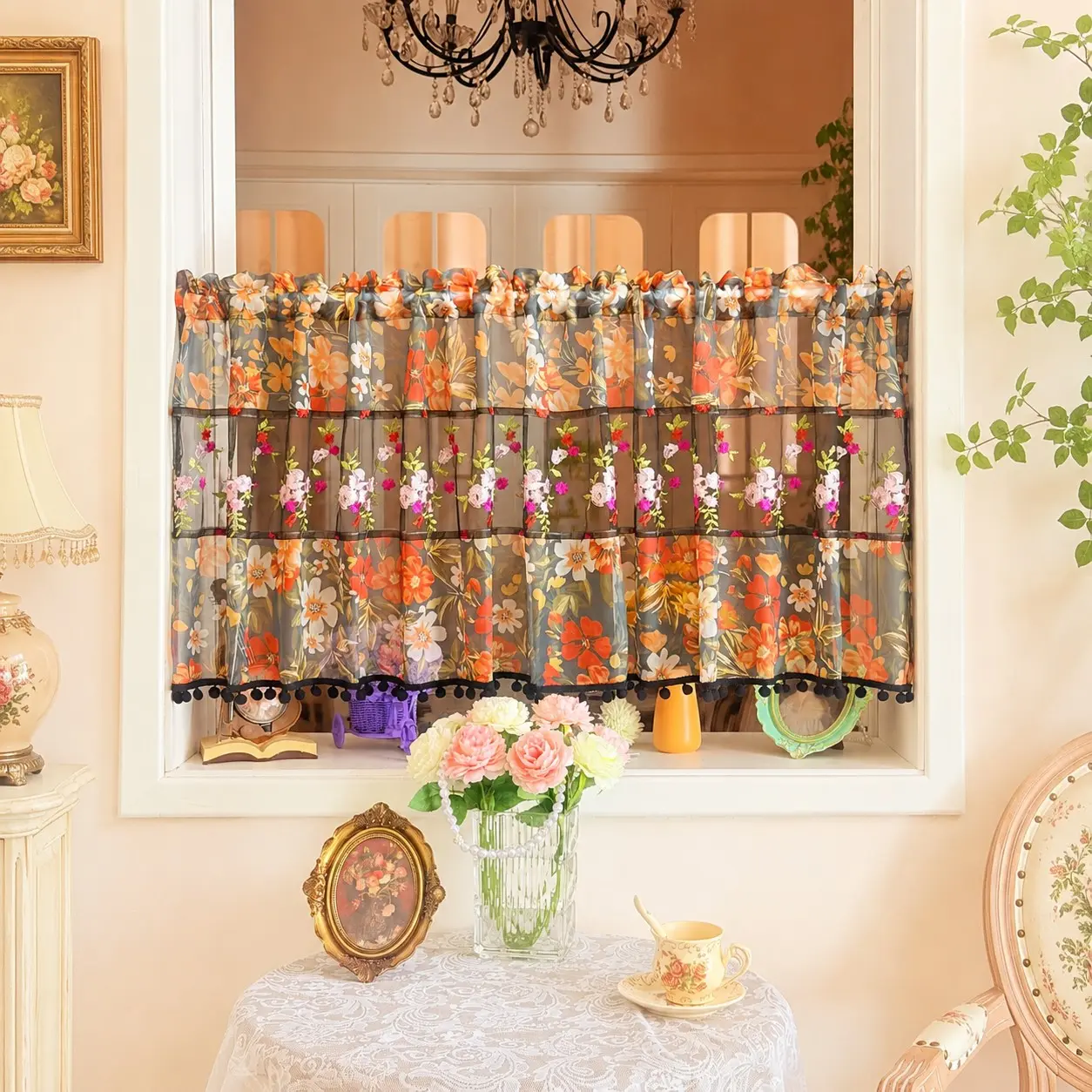1pc Flower Print Short Curtain, Rustic Embroidered Sheer Curtain, Kitchen Small Window Half Curtain, Coffee Shop Decorative Curtain