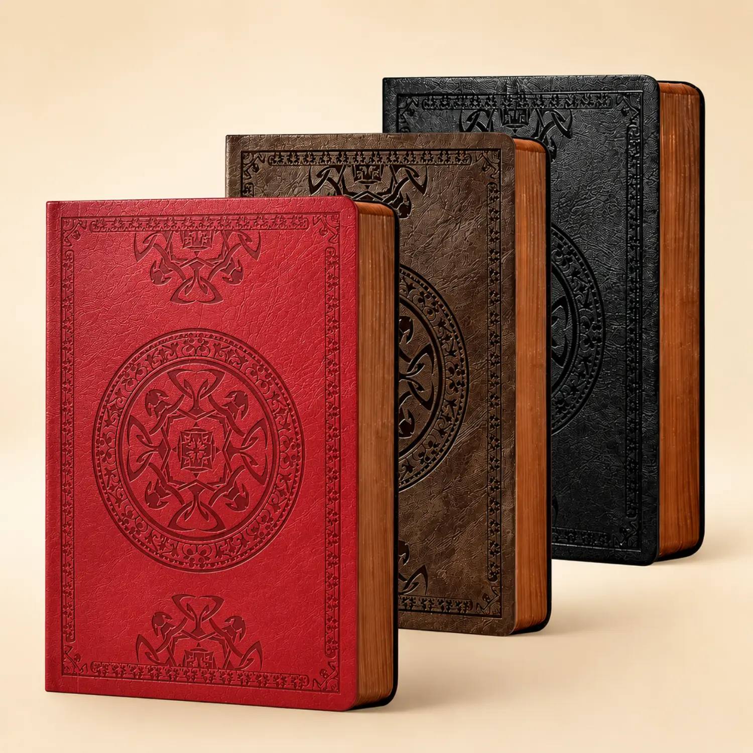 Vintage A6 Leather Journal Notebook Set (3-Pack) - Embossed Hardcover, Thick Paper, Notebooks for Work, Office Stationery Supplies for Travel, Gifting