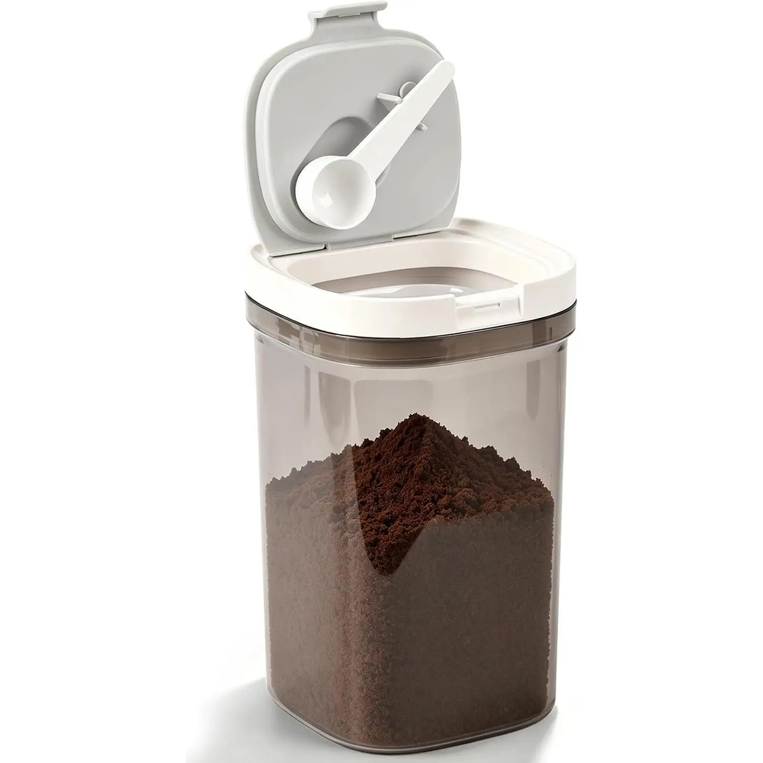 Airtight Coffee Canister with Magnetic Spoon, 1.8L BPA-Free Plastic Coffee Container for 20oz Ground Coffee & Beans, Dual Seal Locking Lid, Dark Brown Pantry Storage Jar