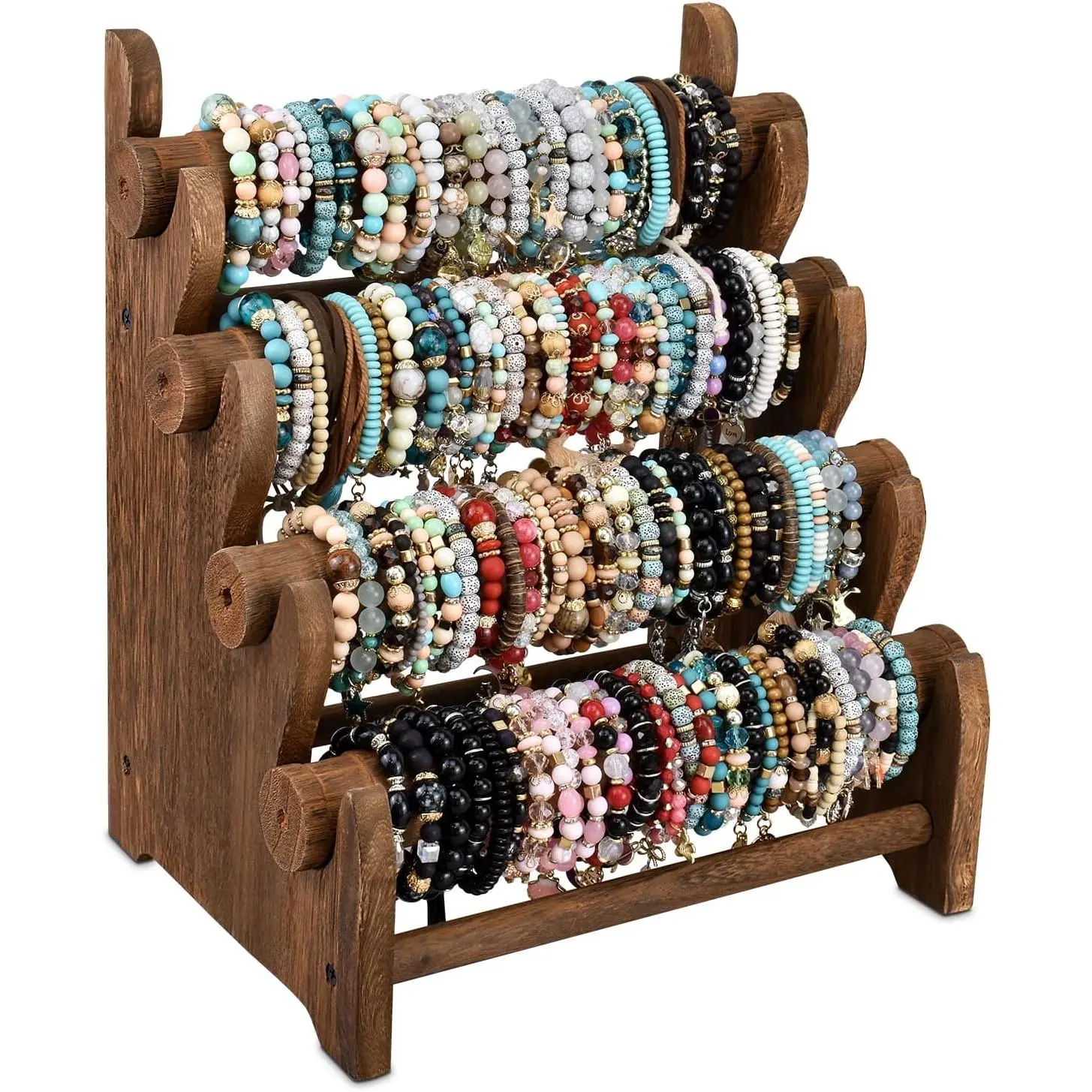 Antique Wooden 4 Tier Jewelry Bracelet Display Stand Bangle Scrunchie Organizer Holder for Store, Showcase and Home Storage, 12 W x 9 D x 14 H in, Brown Color