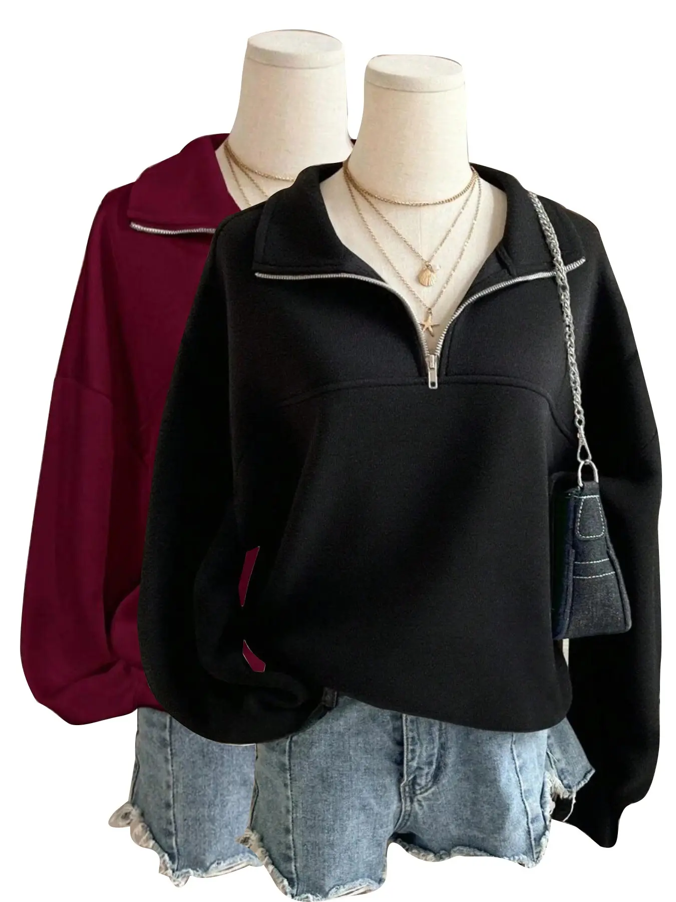 2-Pack Women's Stand Collar Half-Zip Loose Sweatshirts, Fall & Winter Casual Plain Fit Top, Versatile Layering Piece