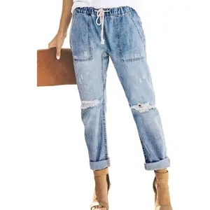 Women's Jeans Ripped Joggers Elastic Drawstring Waist Cargo Denim Pants Light Blue