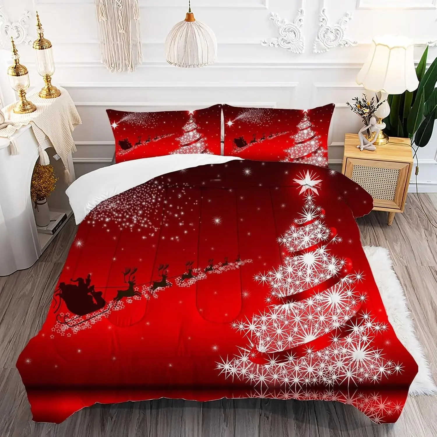3pcs Starry Christmas Santa Sleigh Quilt Set, 1 Quilt + 2 Pillowcases, 200g Fill, Soft Breathable, Digital Print, Ideal for Bedroom Dorm Home Use