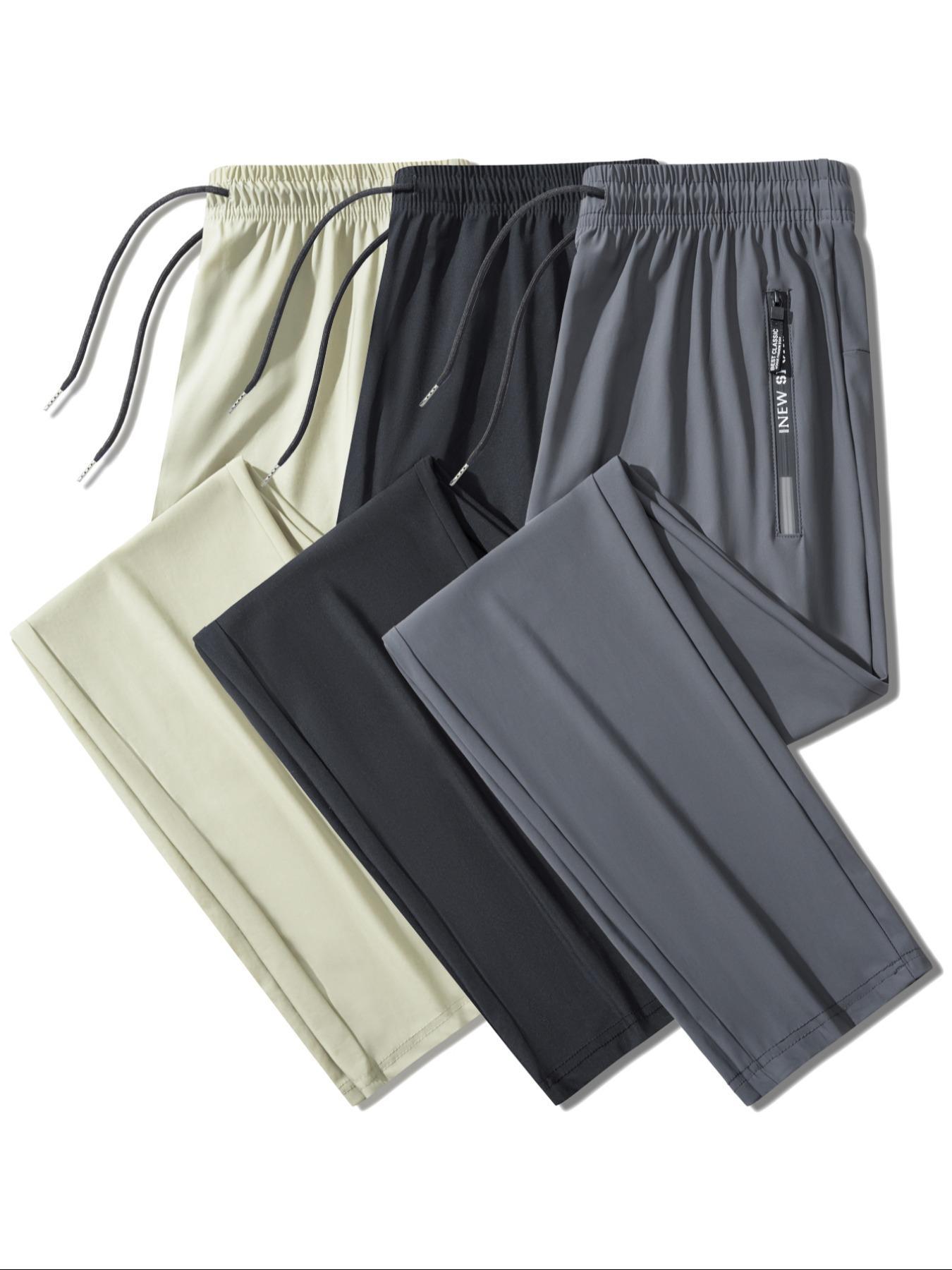 Men's Solid Zipper Pocket Pants, Regular Fit Casual Comfy Breathable Elastic Waist Trousers for Outdoor Activities, Breathable Athletic Bottoms, Men's Bottoms for Summer