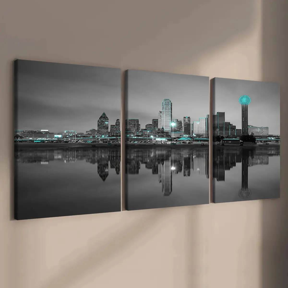3-Pack Wood Frame Canvas Posters, & City Lake Reflections, Modern Art Decor, Waterproof, Ideal for Living Room, Office, Bedroom