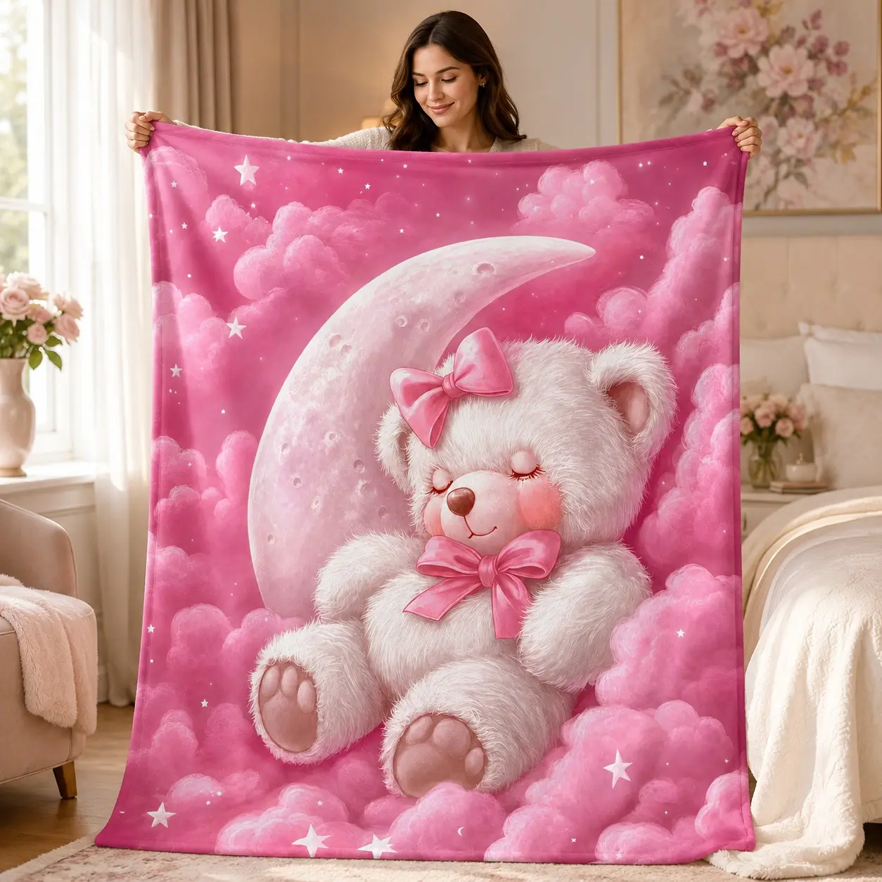 1pc Pink Starry Moon Sleeping Teddy Bear Illustration Fleece Blanket, Napping throw blanket, Pink Cloud Crescent Star Bow Bear Soft Healing Pattern, Dreamy Romantic Coquette Style, Soft Nap Throw, Multi-use for Sofa, Bed, Office, Shawl, Camp
