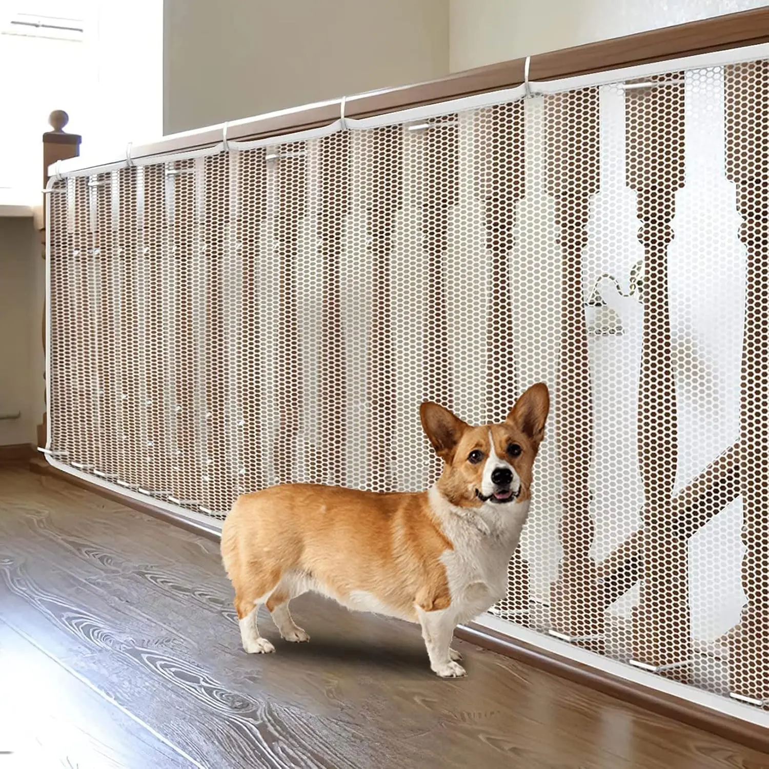 Gate for Stairs, Banister Guard for Pets, Toys, 15ft L x 2.66 ft H, Mesh Netting Safety Net for Balcony Rail Stair, Stairway Net Safety Products for Indoor & Outdoor, Installation, Coverage (White)