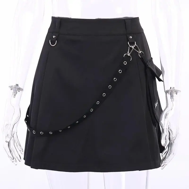 Black Skirt Functional Punk Irregular Pleated A-line High Waist Tooling Waist Chain Gothic Harajuku Y2k Skirts Goth