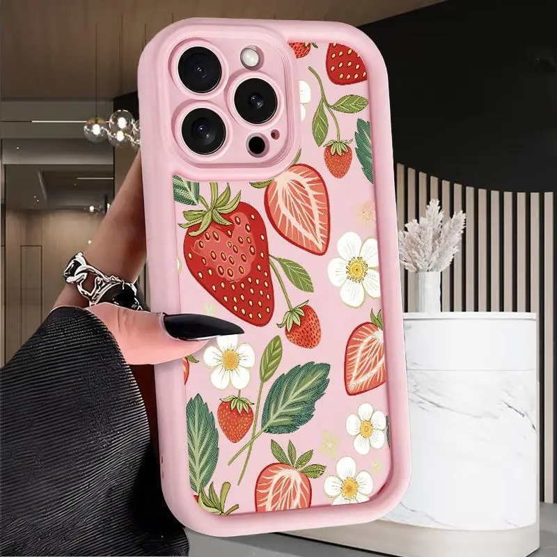 Strawberry Printed Silicone Smartphone Casing - Shockproof Soft Protective Cellphone Cover, Stylish Design, Full Protection for iPhone X, XS, 11, 12, 13, 14, 15 Plus, 16 Pro Max, 17 Air, Handheld Device Gift for Girls, Devices