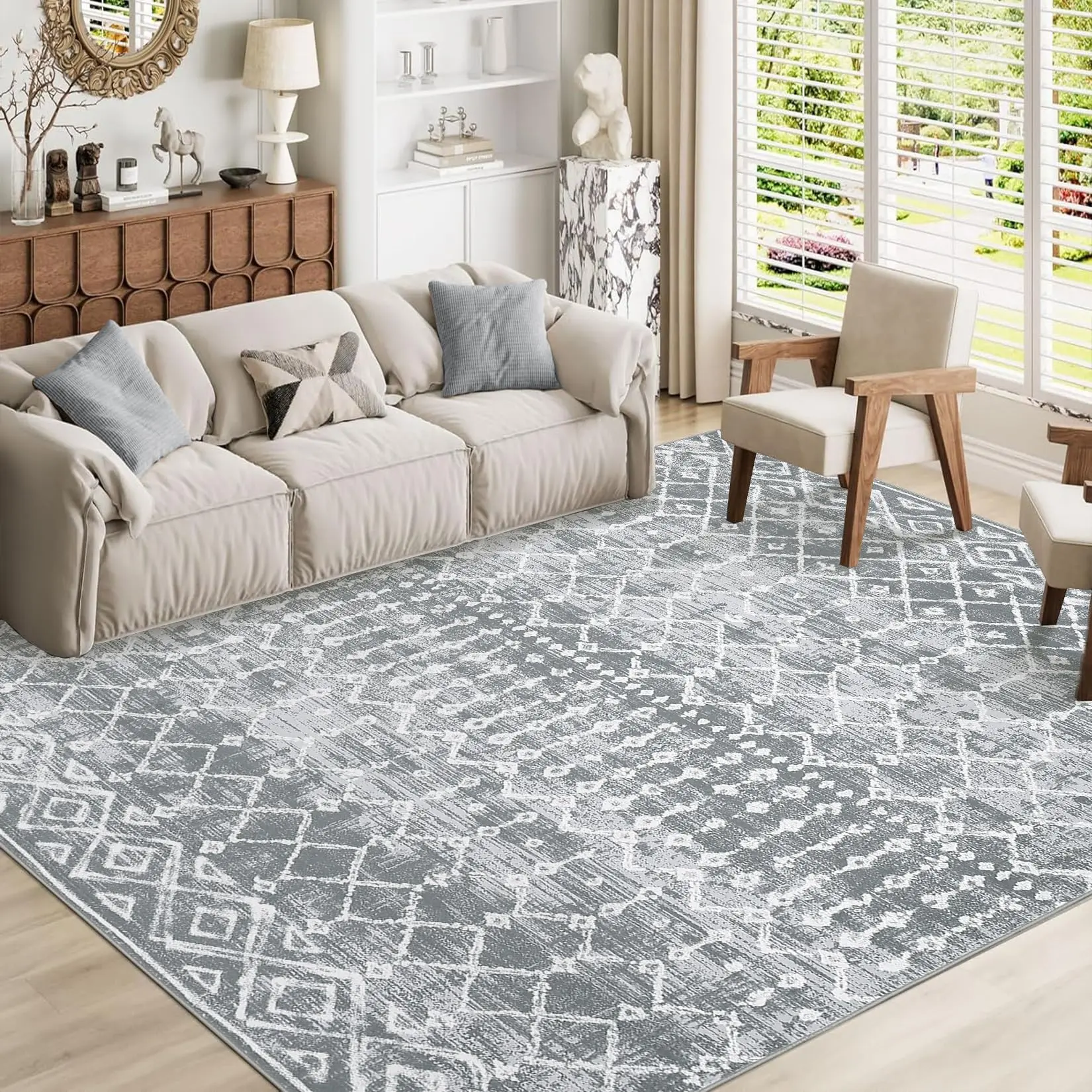 Retro Geometric Pattern Rug Large Size Indoor Non-slip Rug Washable Area Rug Low-pile Non-shedding Ultra-thin Foldable High-traffic Rug for Farmhouses Restaurants Living Rooms Bedrooms playroom