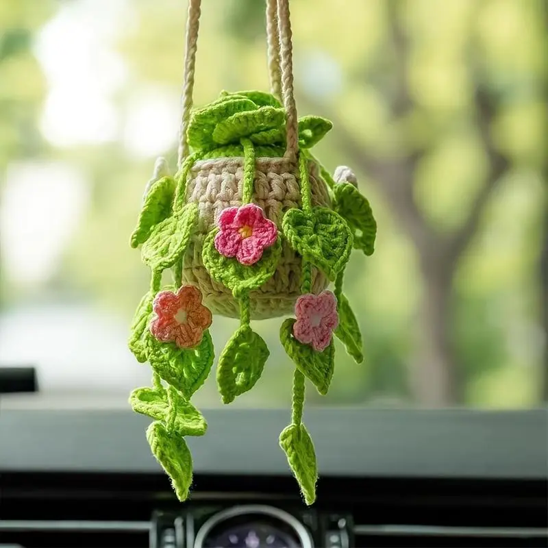 Handcrafted Crochet Hanging Potted Plant Ornament - Cute Fabric Pendant for Car Rearview Mirror & Home Interior Decor