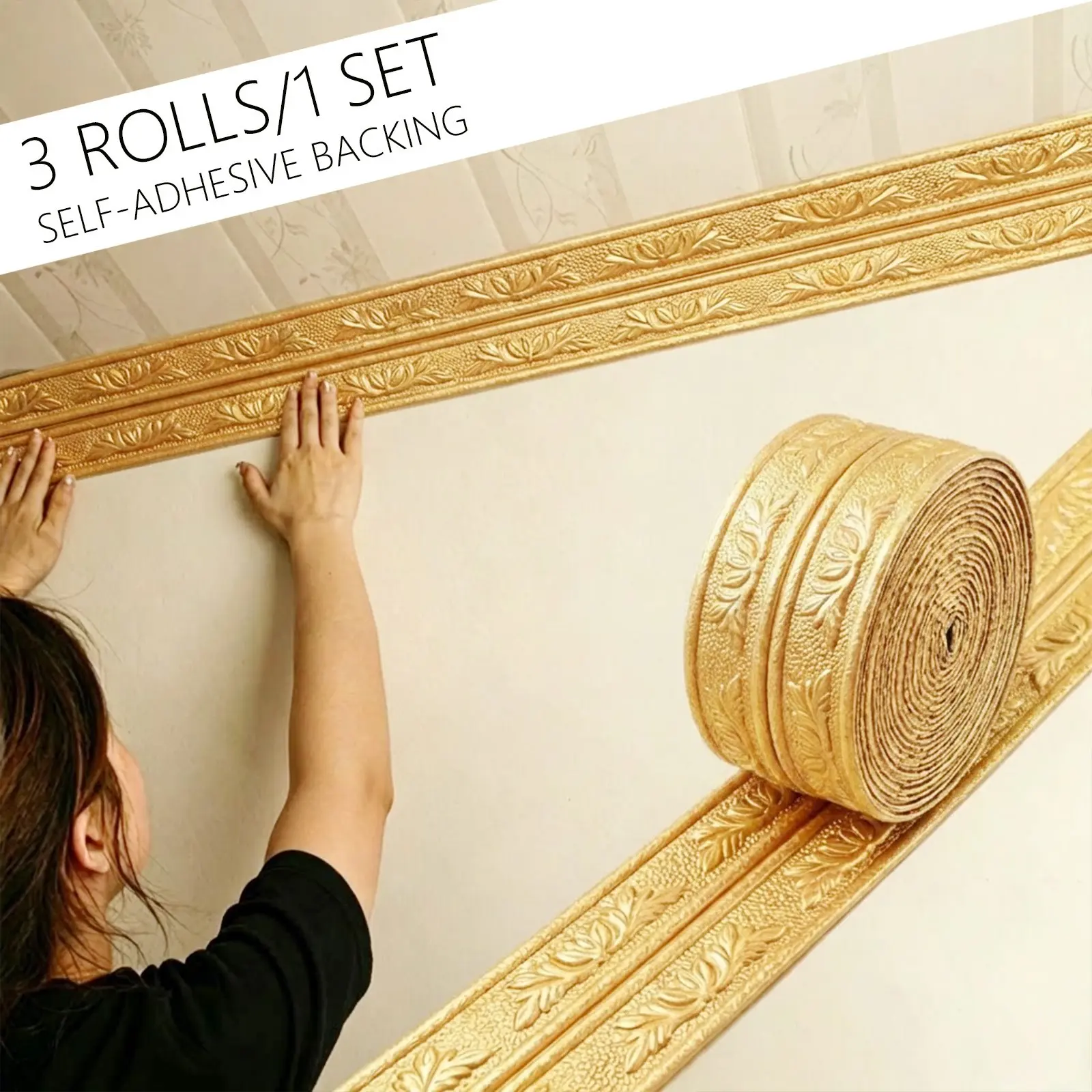 3 Rolls Self-Adhesive Floral Foam Strips, Edge, Corner, Wall Stickers, Accent Wall Peel and Stick, Anti-Collision, Modern Home Decor, Easy Installation, Wall Trim