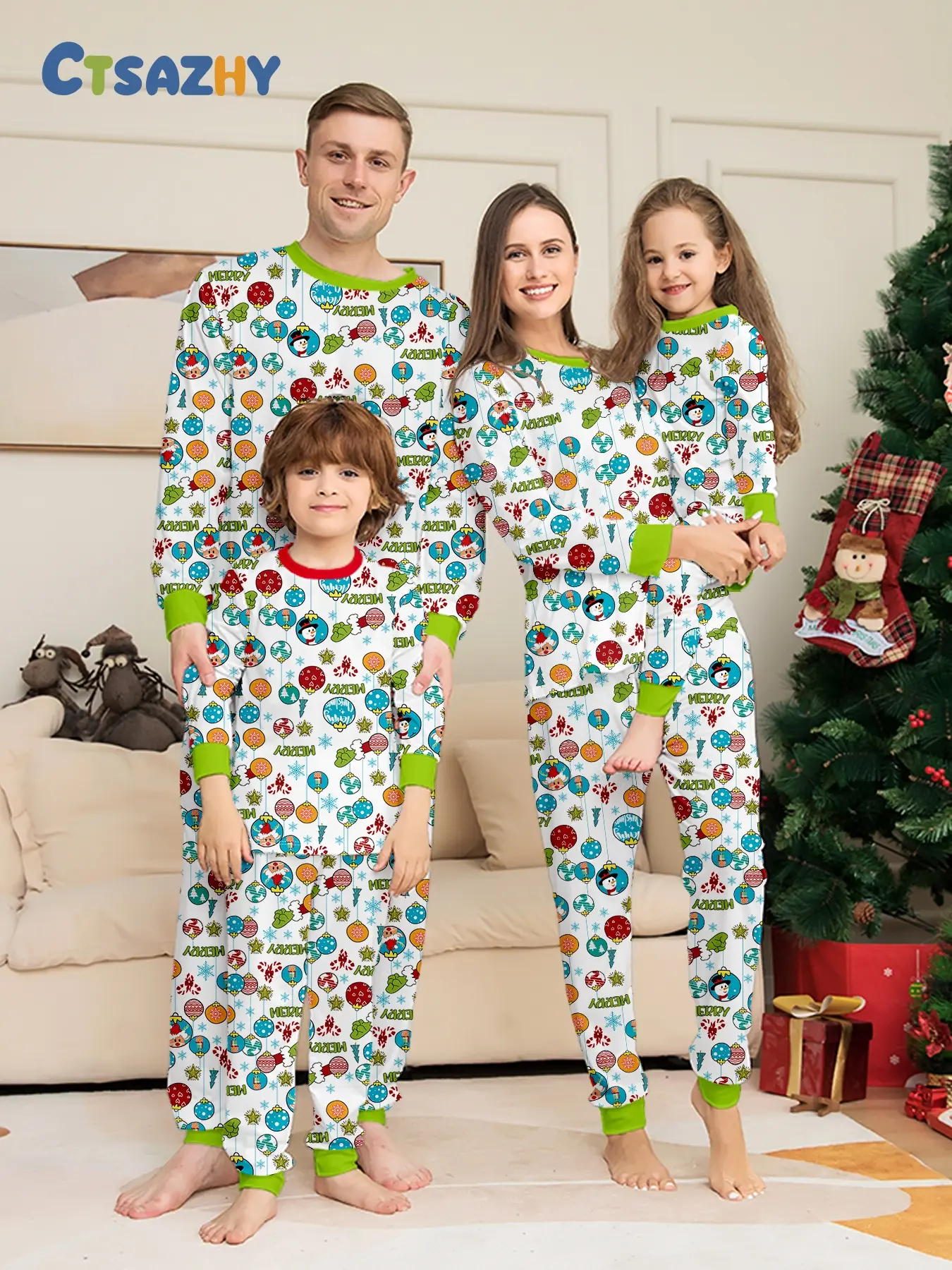 Family Christmas Pajama Set, Soft Breathable Knit Sleepwear, Full Print Long Sleeve, Casual Loose-Fitting, Perfect for Holiday Photoshoots