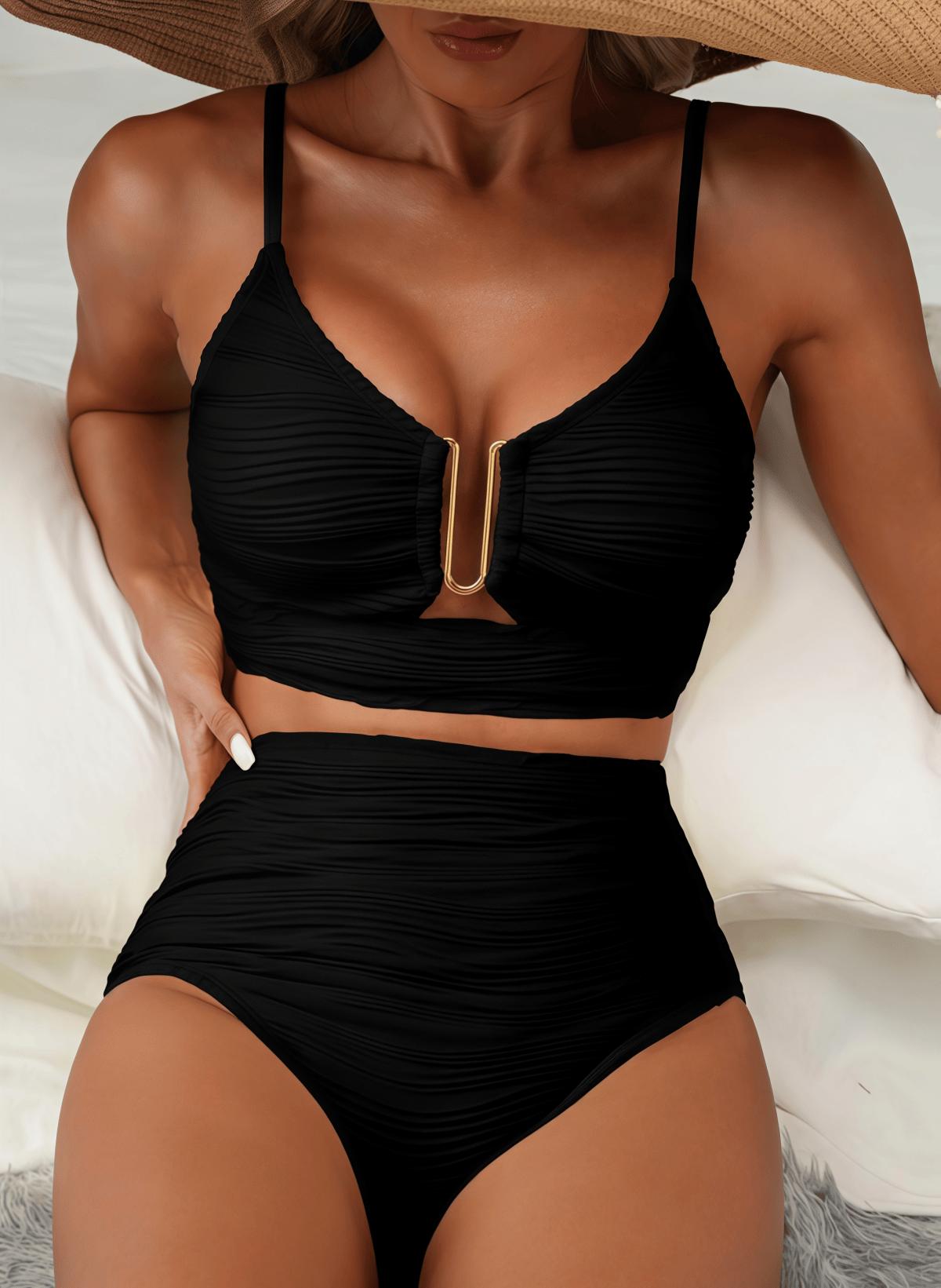 2 Piece Bikini Set U-Wire Cutout Swimsuit High Waisted Textured 2025 Summer Swimming Clothing Beach Water Sports Tummy Control Swimwear,Swimsuits Slimming Bikini Swimwear