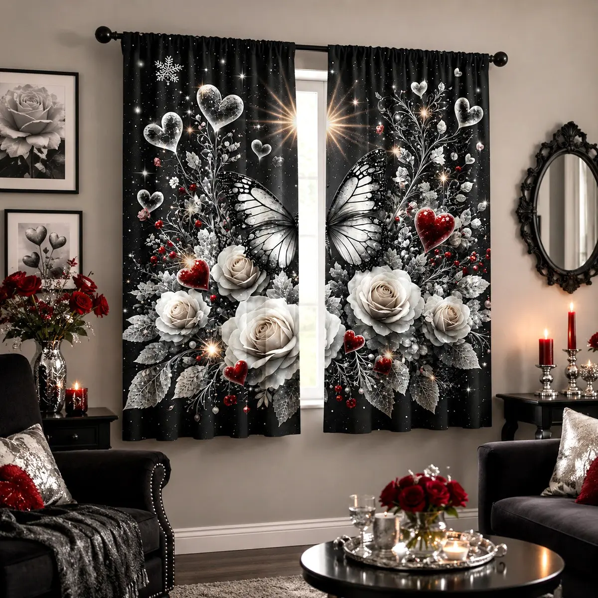 2 Piece Rose Heart Butterfly Print Curtains, Rod Pocket Design, Semi-Transparent Privacy Drapes for Bedroom Living Room Kitchen Closet Study Window Drapes