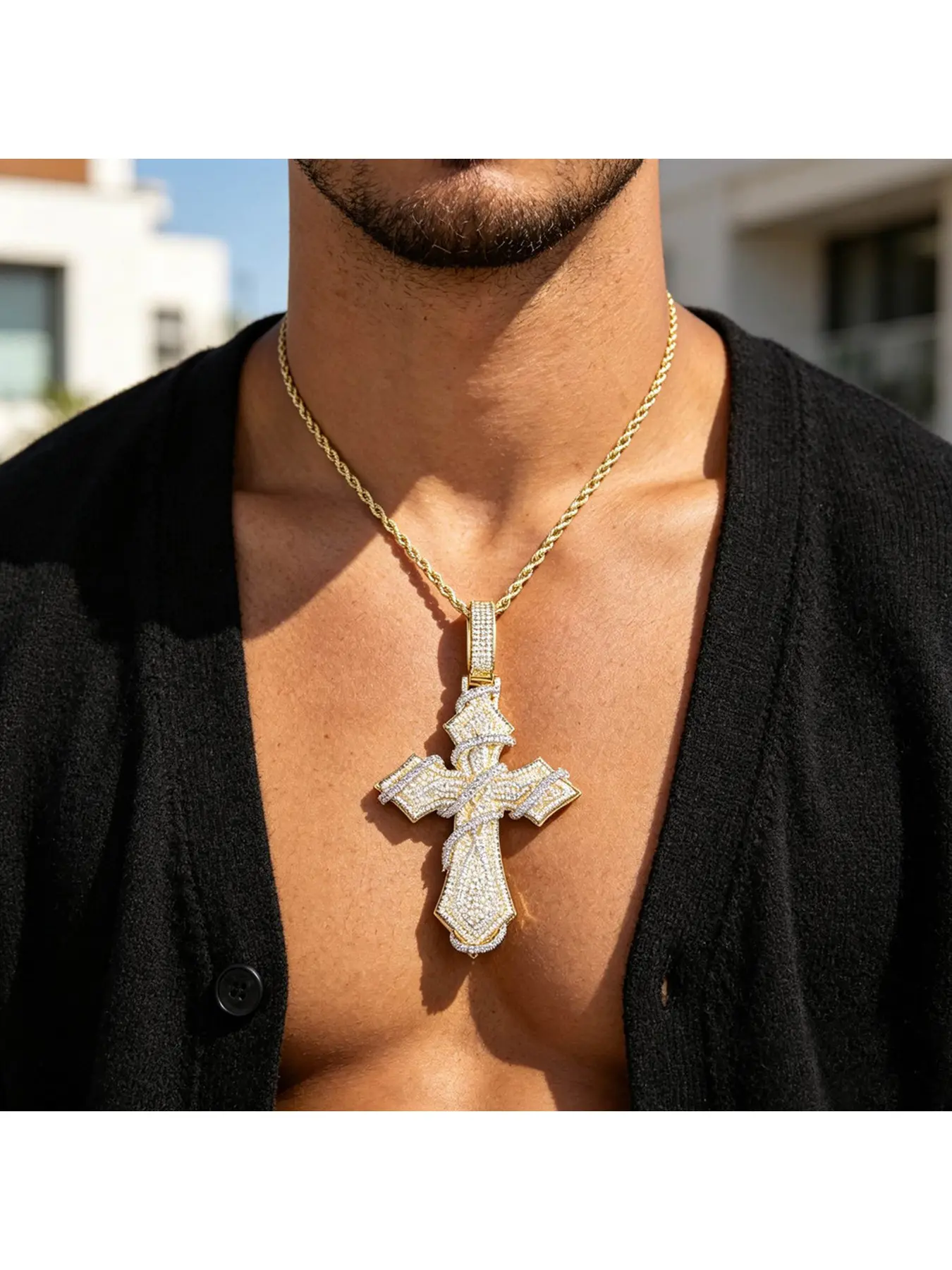 Hip Hop Iced Out Vintage Cross Pendant Necklace for Men Women, Full Micro Paved Cubic Zirconia Religious Cross Charm, Gold Silver Rose Gold Plated with Twisted Rope Chain, Fashion Costume Jewelry for Birthday Party