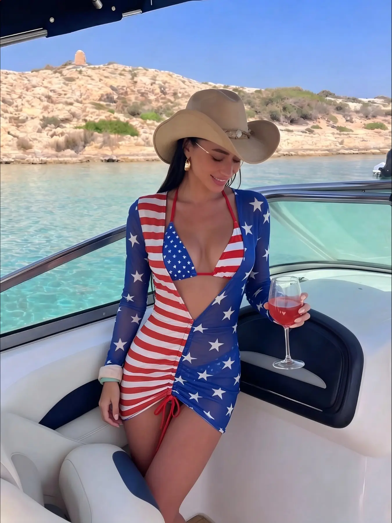 Women's Three-Piece Bikini Set, American Flag Print, Adjustable Drawstring Mesh Sunshade, Beach Vacation Swimwear, Sexy Style, Printed Bikini Set