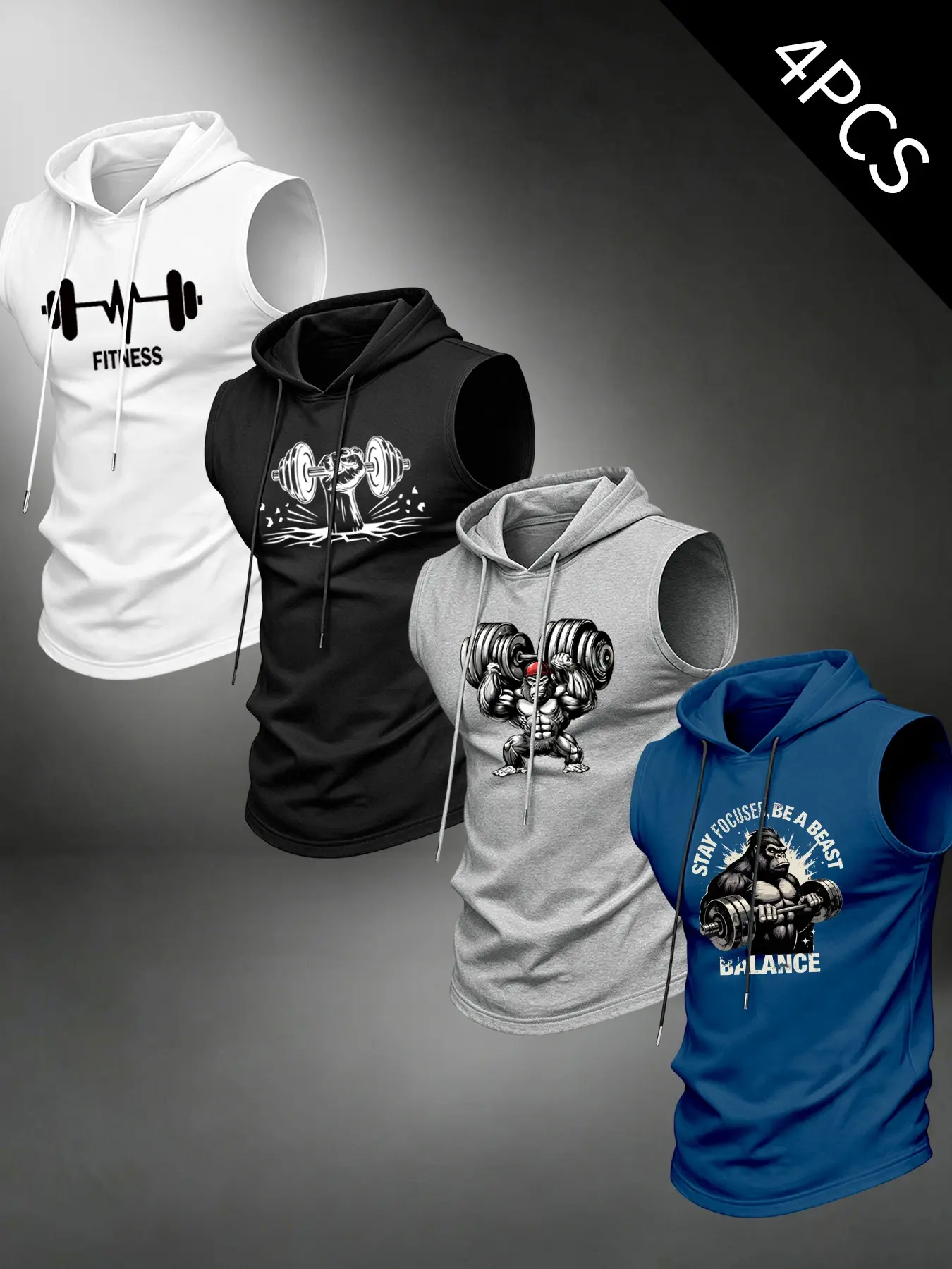 Four-Piece Men's Hooded Sleeveless T-Shirts, Dumbbell Gorilla Barbell Print Tank Tops, Comfortable Breathable Casual Workout Tops for Summer Fitness