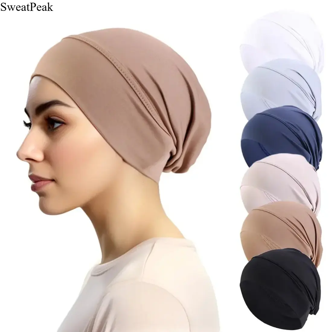 Women's 6-Pack Solid Color Stretchy Hijab Caps, Soft Secure-Fit Underscarf Turbans, Lightweight Muslim Head Coverings for Daily Wear, Hijab Styling, Sports & Outdoor Use, Six Pieces