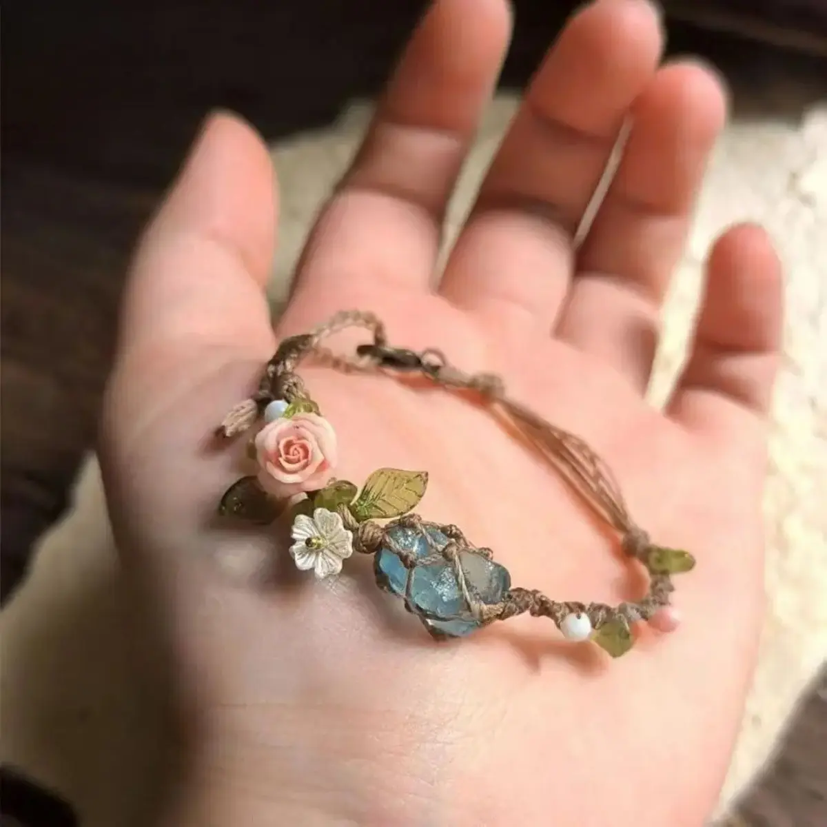 Women's Bohemian Aquamarine Crystal Sports Wristband - Hand-Woven Nylon Cord Raw Stone Bracelet with Floral Charm, Gift-Ready Nature-Inspired Jewelry for Sports & Outdoor Use