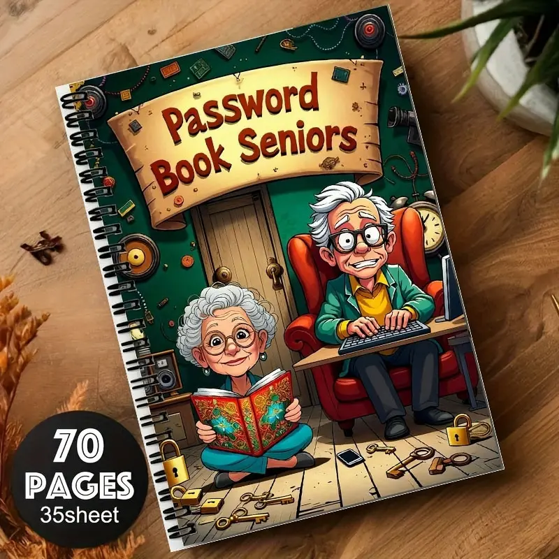 1pc Cartoon Spiral Password Book for Seniors - 70-Page Lock Design Notebook with Elderly Character Art, Security Password & Login Organizer for Internet, Computer, Home, or Office Use, Advanced Security Tool, Fun Cover Art, Security-Themed Design, Noteboo