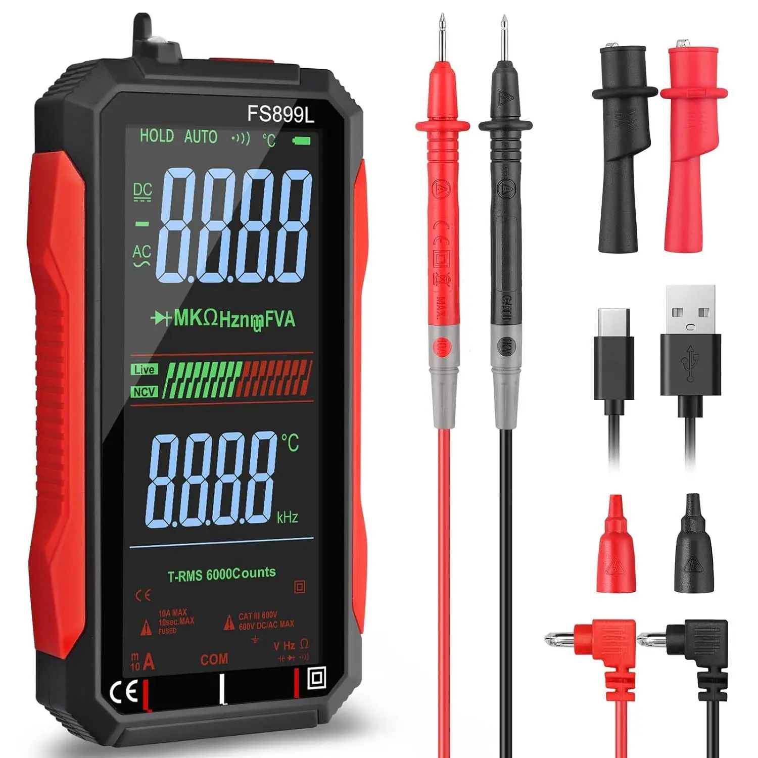 USB Rechargeable 6000 Counts Digital Smart Multimeter Auto-Ranging with Large Display Capacitance Ac/Dc Voltmeter Resistance NCV Temperature Continuity Diode Live Check Electric Tester Tool
