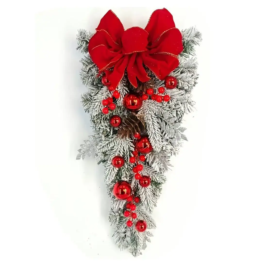 Christmas Wreath Hanging Ornament, 23.6 Inch Teardrop Door Decor, Bow, Pinecone, Berries, Front Door, Window, Fireplace, Desk Decoration