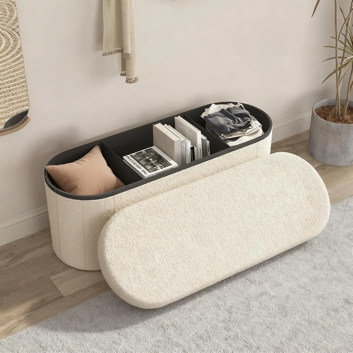 Oval Storage Ottoman Bench, Sherpa Foot Rest, 43 Inch Folding Chest for Living Room, Bedroom (Beige)