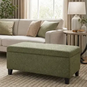 ARCH Storage Ottoman with Flip-Top Lid, Boucle Fabric, Rubber Wood Legs, Retro Green, 39"L x 19.25"W x 16.5"H, Footrest Bench for Living Room, Bedroom, Entryway, Easy Assembly, 600lbs Capacity, Retro Green Color Options, Boucle/MDF/Plywood/Rubber