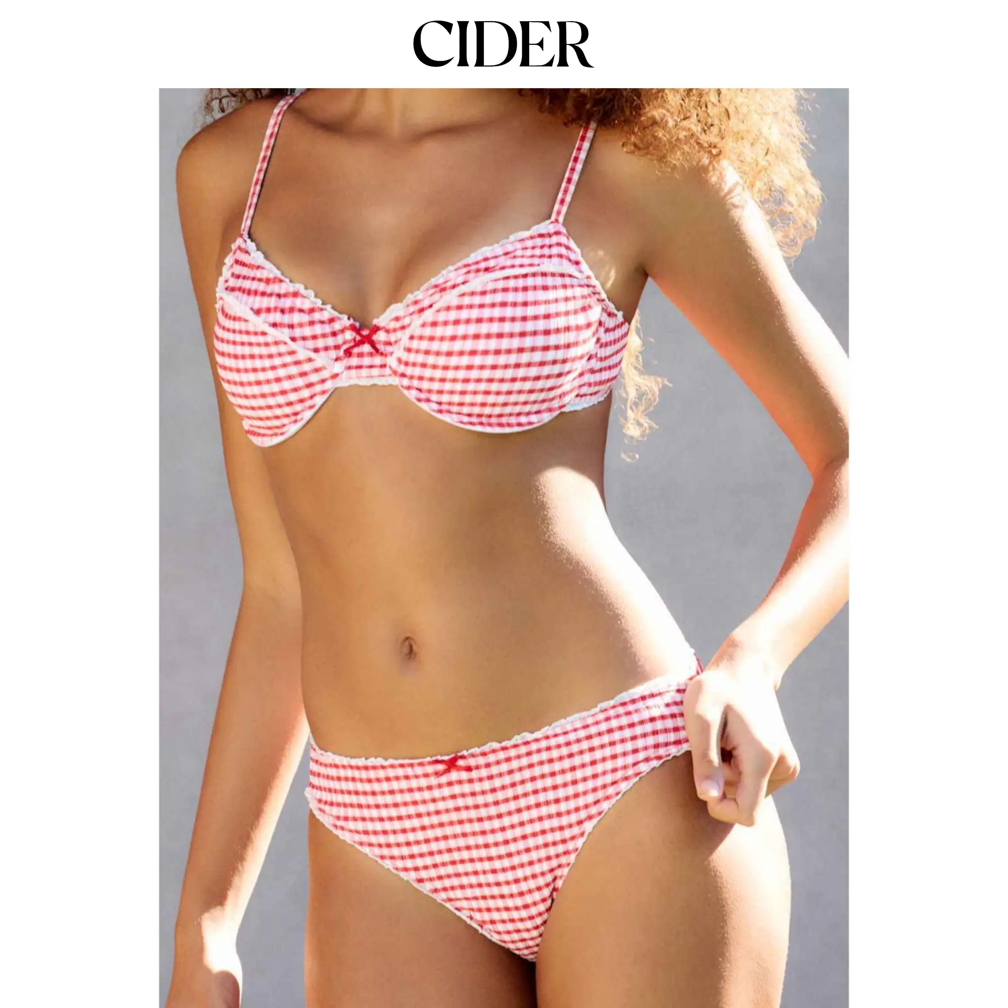 Cider Sweetheart Neckline Gingham Contrasting Lace Underwire & Cheeky Bikini Set