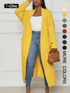 Women's Solid Color Pocket Open Front Twist Knit Cardigan, Casual Style Long Sleeve Knitwear for Fall & Winter, Women's Knit Clothing for Daily Wear, Womenswear, Knitting, Lady
