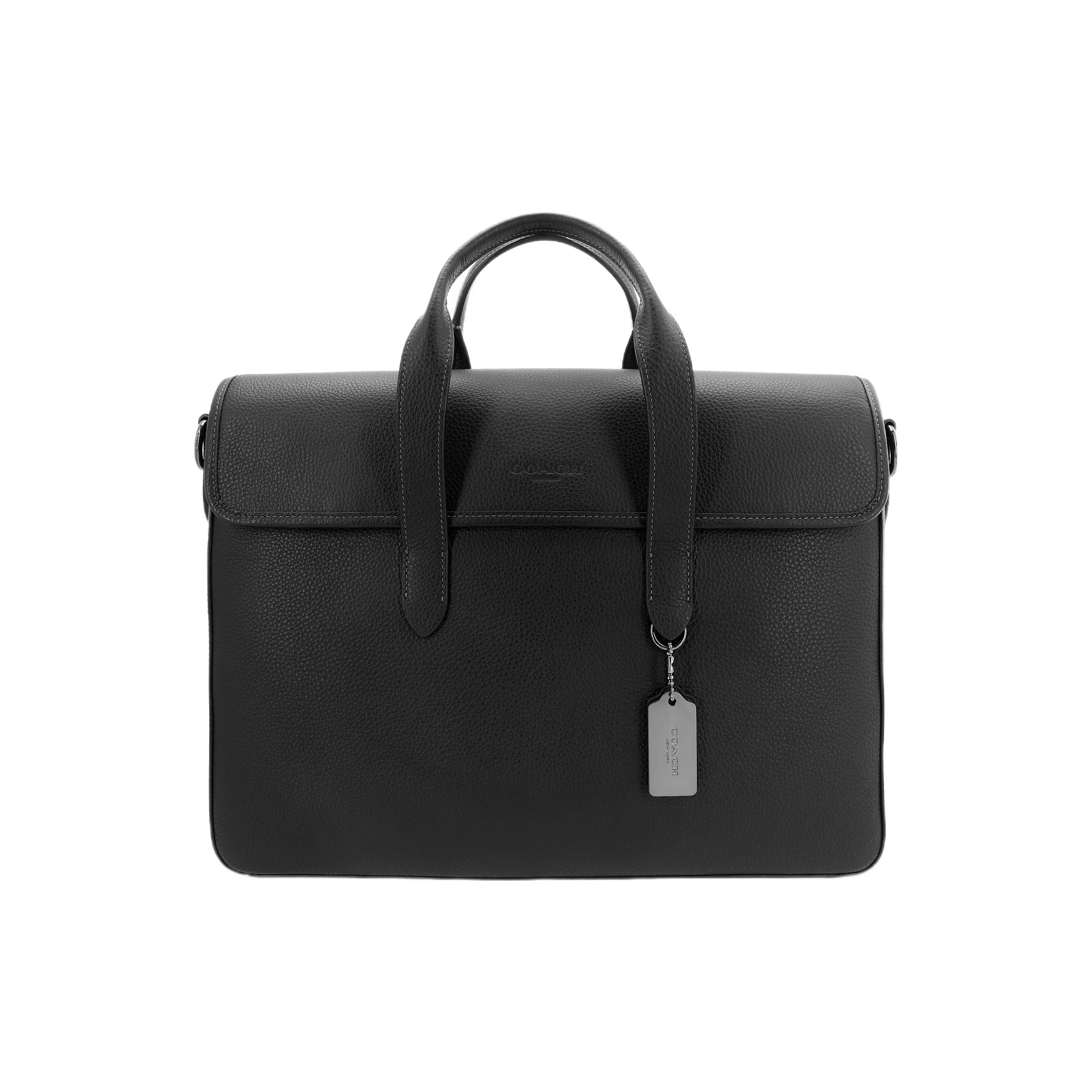 COACH Sullivan 39 Leather Briefcase with Magnetic Closure and Detachable Strap – Large Size for Men, Black Verifiable, with credentials and supporting global authentication