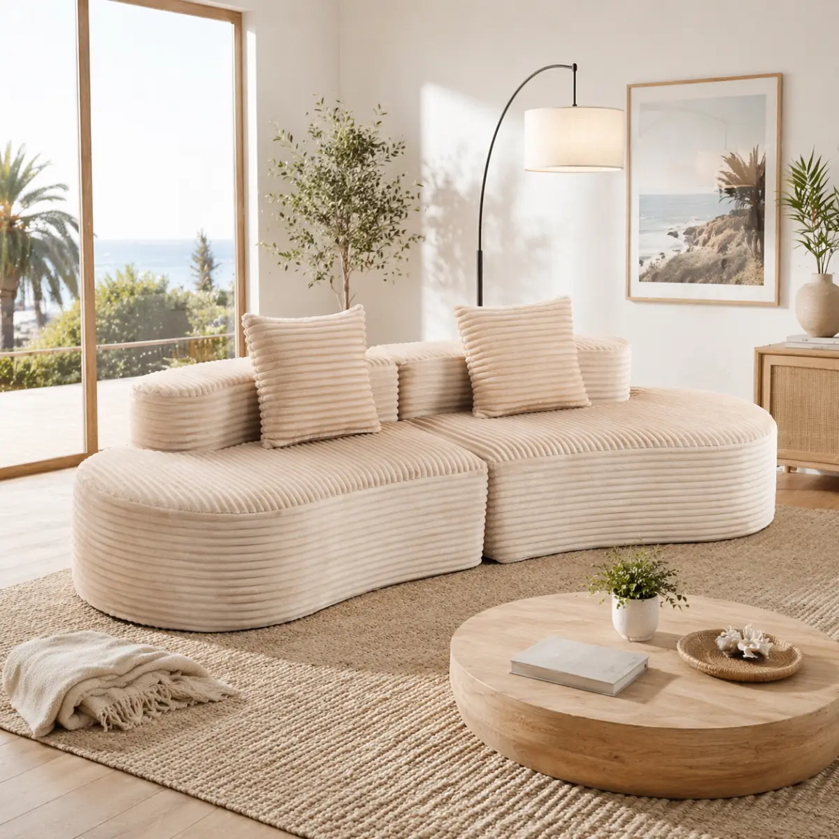 Armless Modern 2-Seater Corduroy Sofa - 110.24" Fully Compressed, Sturdy Cozy Deep Seat Upholstered Couch with 2 Lumbar Pillows, No-Assembly Cloud Sofa for Living Room, Bedroom, Beige