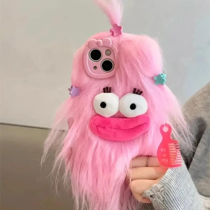 Korean Funny Fluffy Plush Monster  For iPhone 17 Pro Max  16 15 14  13 12 11 Cute Girl Winter Warm Cover Fur Soft Coque Tough Artistic Cat Phone