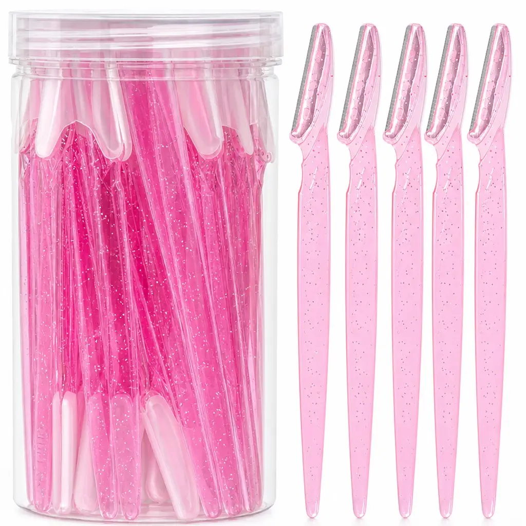 Glitter Pink Stainless Eyebrow Razor and Face Razor for Women and Men, Painless Eyebrow Hair Trimmer and Shaver with Protective Cover, Safe and Newbie Friendly, Beauty Care Tool