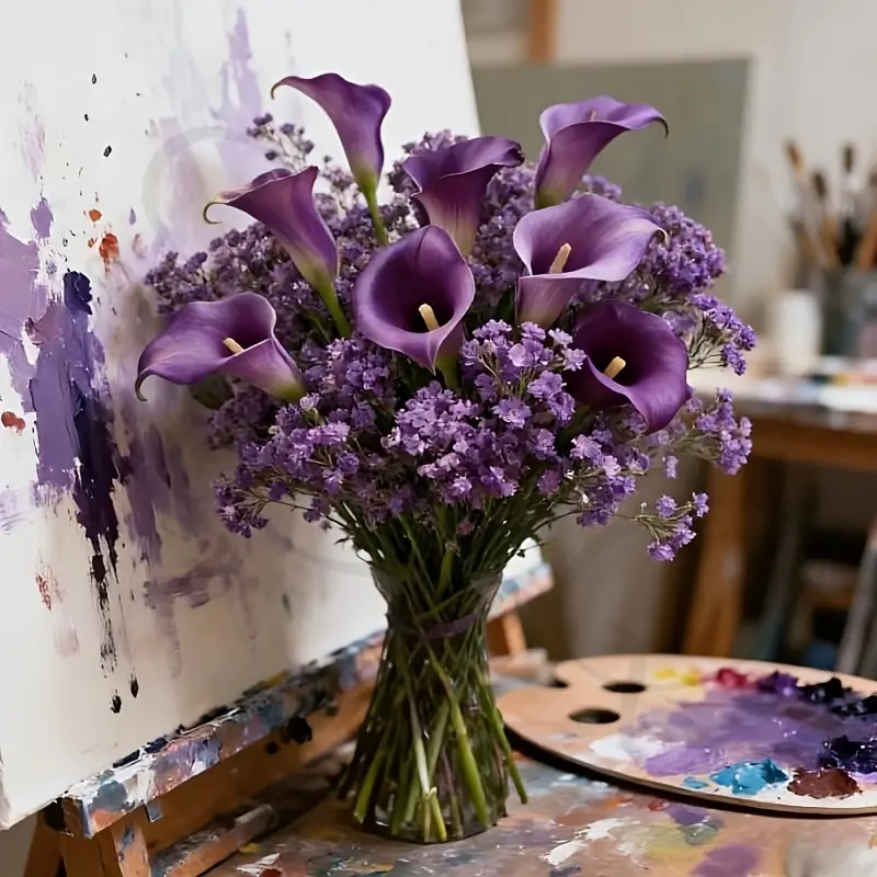 30Purple Calla Lilies and Purple Baby's Breath Artificial Bouquet - Outdoor Decorative Fake Flowers - Halloween Decorations, Holiday Artificial Flower Arrangements, Suitable for Day of the Dead, Halloween, Christmas