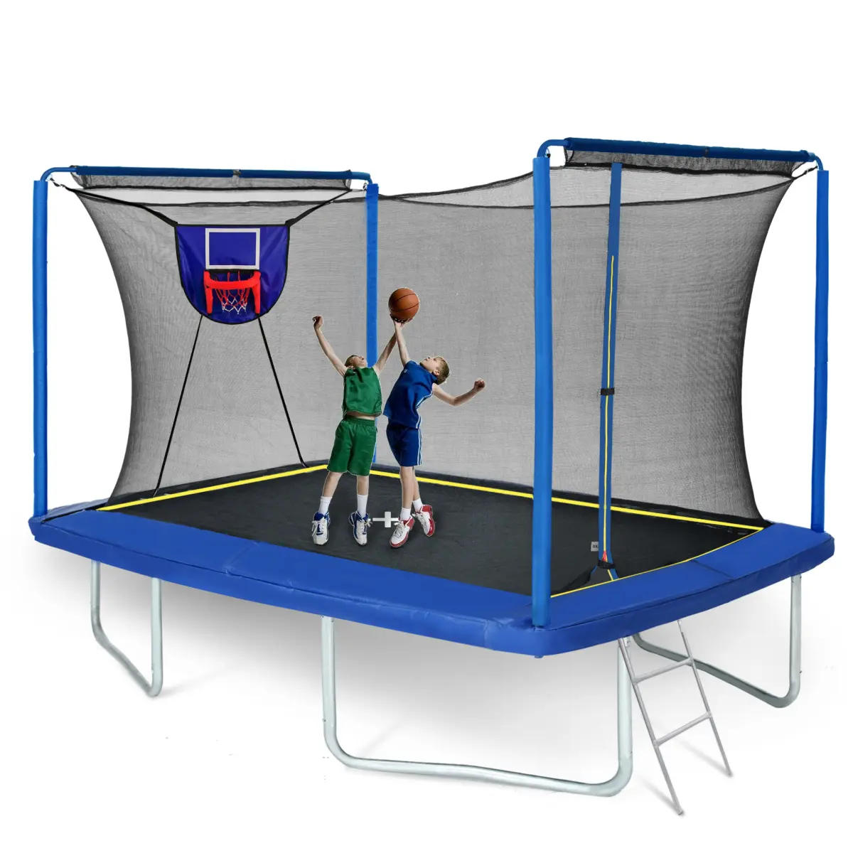 8 x 12 ft Rectangular Trampoline for Kids, Heavy-Duty Galvanized Steel Frame for Gymnastics & Family Fun, Includes Safety Inner Enclosure, Ladder, and Basketball Hoop, ASTM Certified, Adjustable Hoop, High-Bounce Outdoor Trampolines