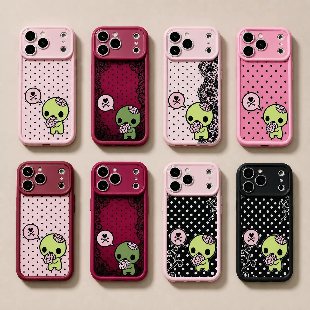 Y2k Kawaii Emo Zombie Phone Case| Pink Black Polka Dot Skull Pattern Protective Cover, Soft Durable TPU Cover with Lens Protection.Compatible with iPhone17 16 15 14 13 12 Pro Max & Samsung , Cute stylish aesthetic design, perfect g,Pumpkin,Drink,Note11Pro
